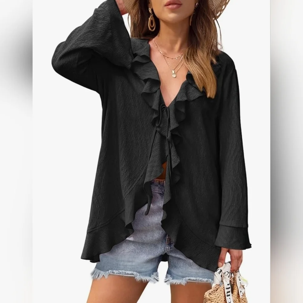 Tie Front Ruffle Blouse Top Casual Loose Long Sleeve Kimono Bathing Suit Beach C - Picture 1 of 4